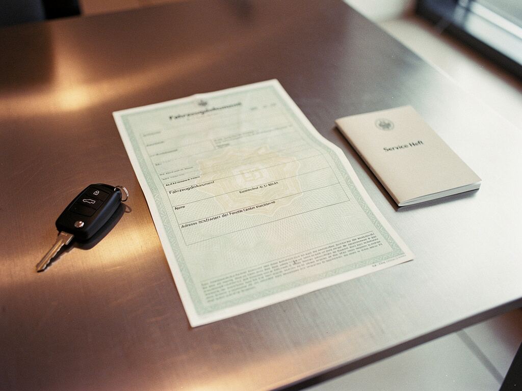 Fahrzeugbrief, Scheckheft und Fahrzeugschlüssel auf dem Schreibtisch